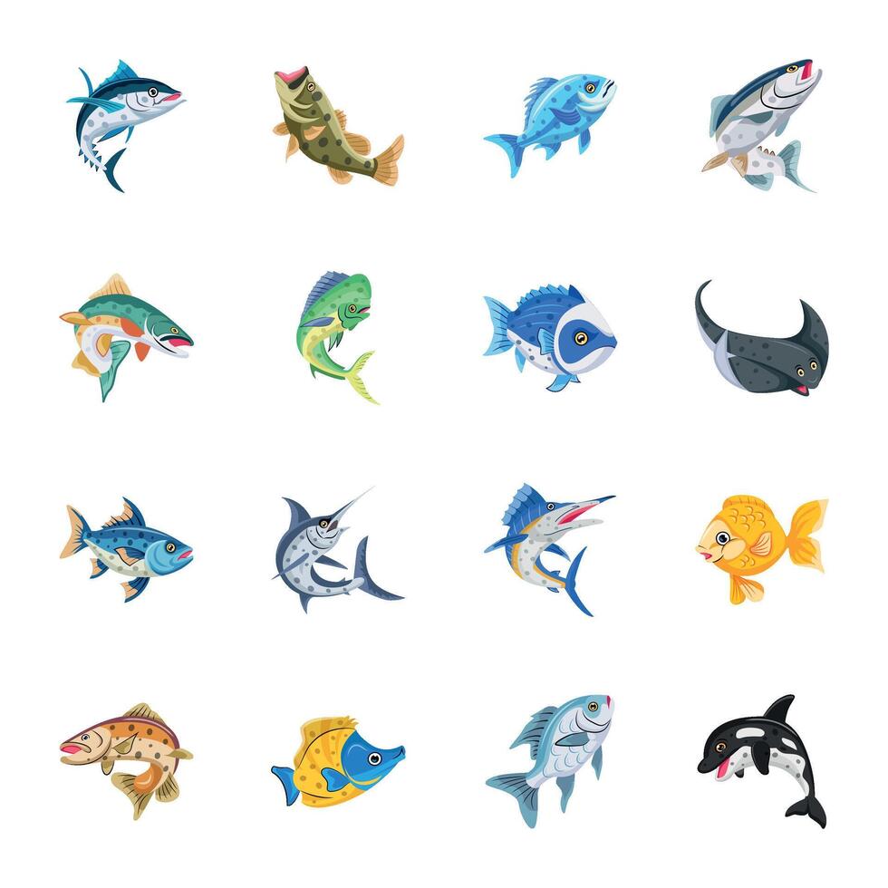 WebPack of Cute Fish Flat Icons vector