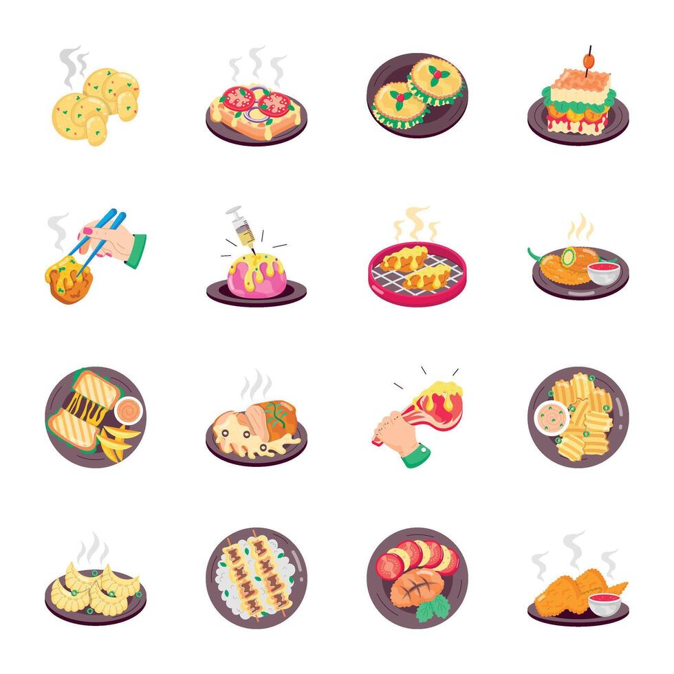 WebSet of 16 Bakery and Fast Food Flat Stickers vector