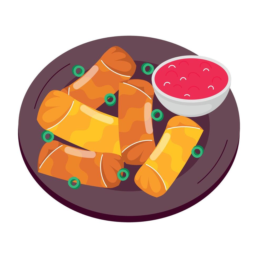 WebSpring rolls platter with sauce, flat style sticker vector