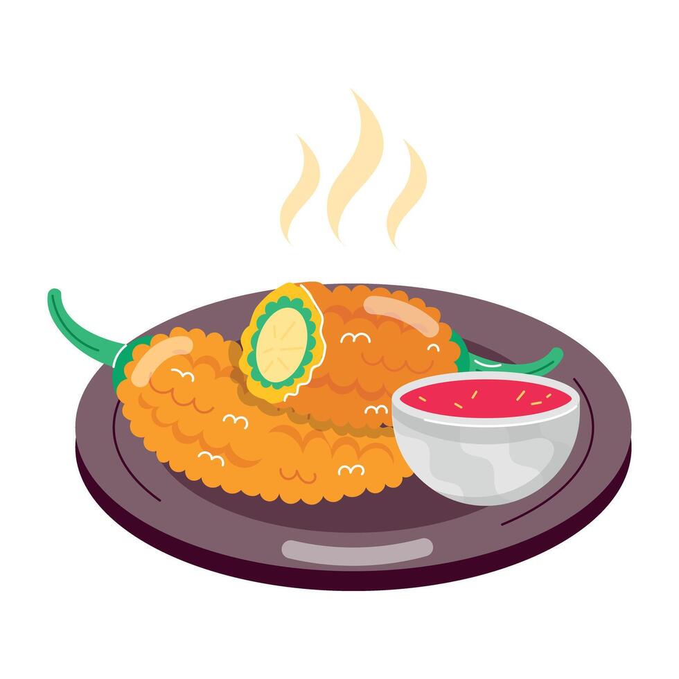 WebHot peri bites serving with sauce, flat sticker vector