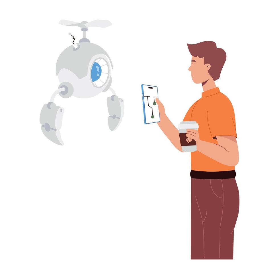 WebA flat character illustration of boy interacting with drone robot vector