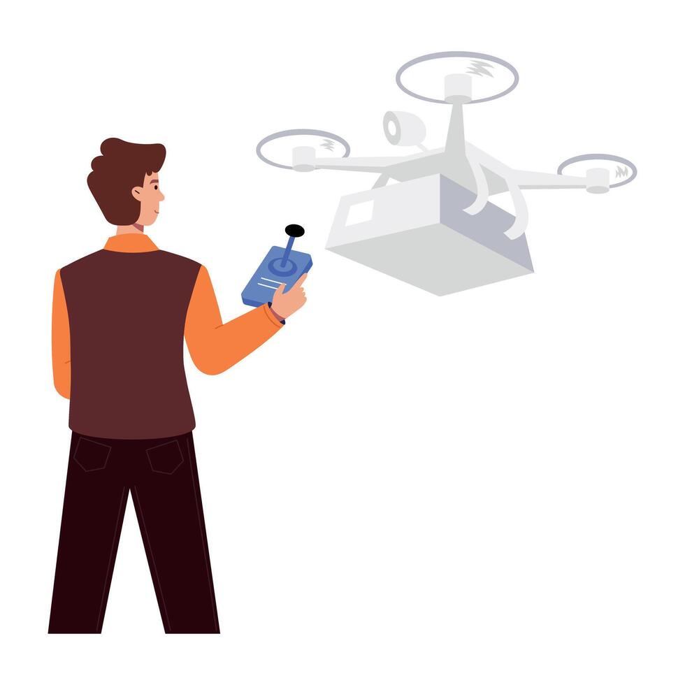 Webdrone, quadcopter, device, flying, parcel, delivery, technology, character, person, flat, , illustration vector