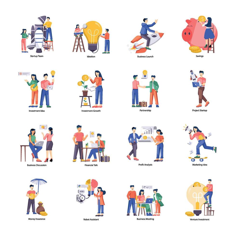 WebPack of 16 Business Startup Flat Illustrations vector