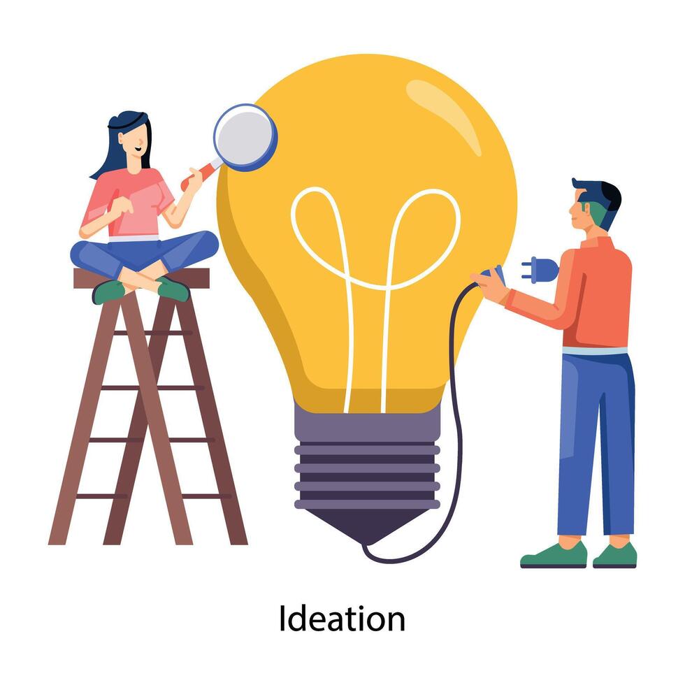 WebPersons with lightbulb denoting ideation, flat illustration vector