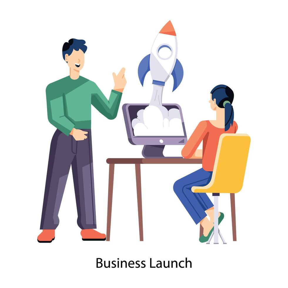 WebTeam working on business launch, flat illustration vector