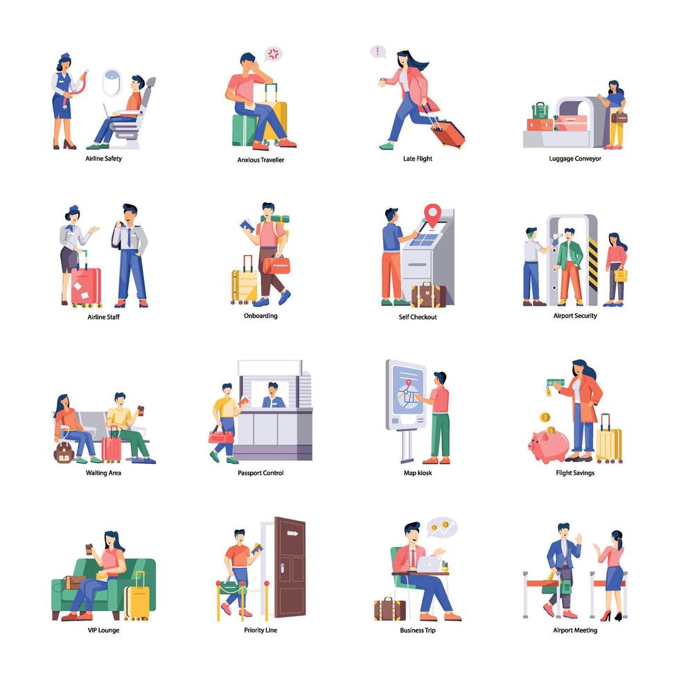 WebSet of Airline Bookings and Travel Flat Illustrations vector