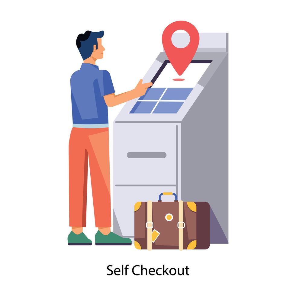 WebMan using self checkout kiosk, flat illustration vector