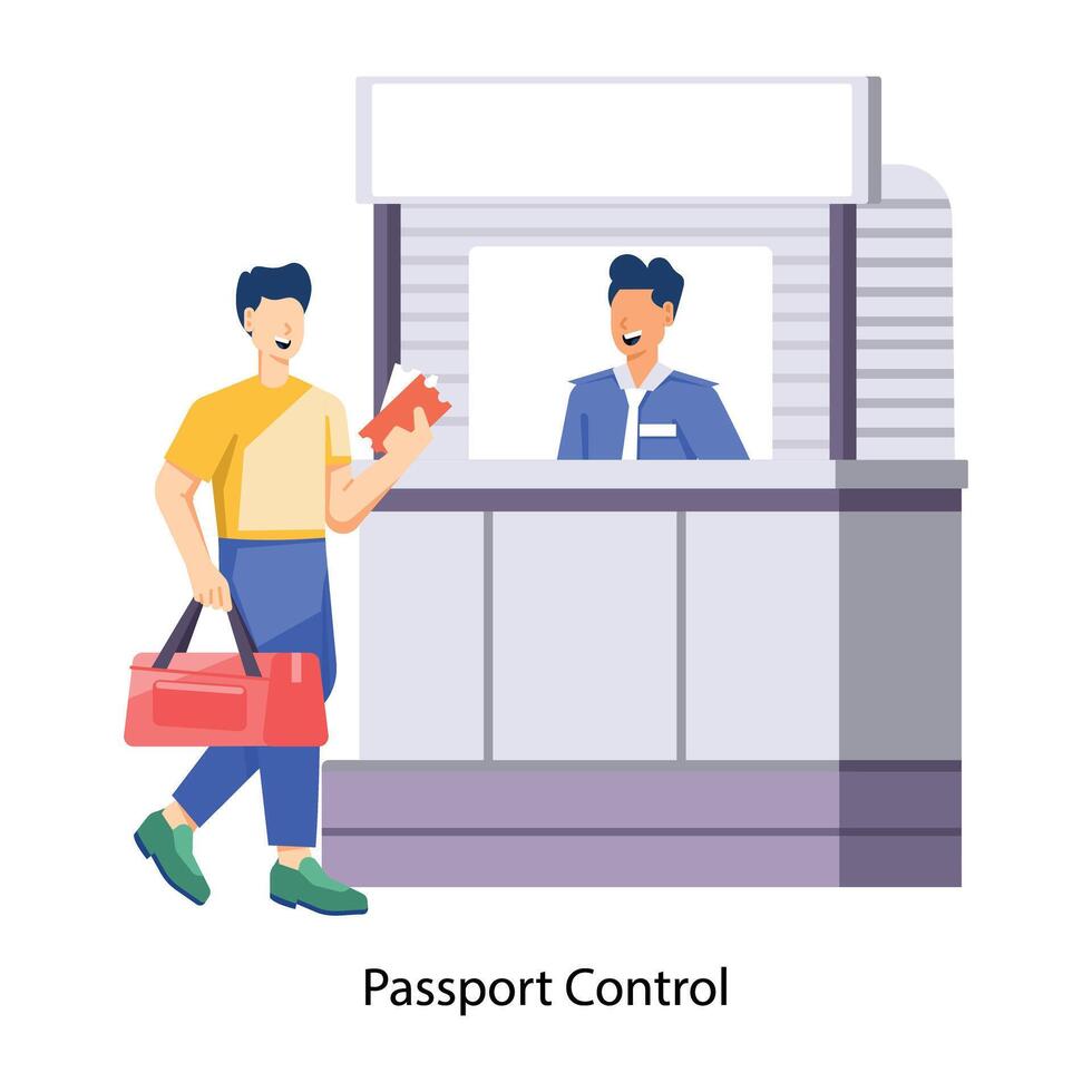 WebMan standing at passport control desk, flat illustration vector
