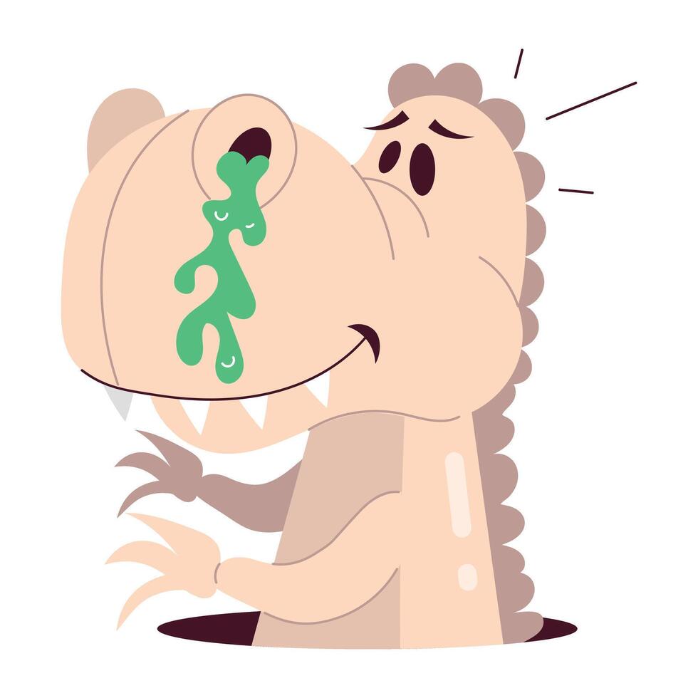 Basic RGBA flat sticker of sick dinosaur with runny nose vector