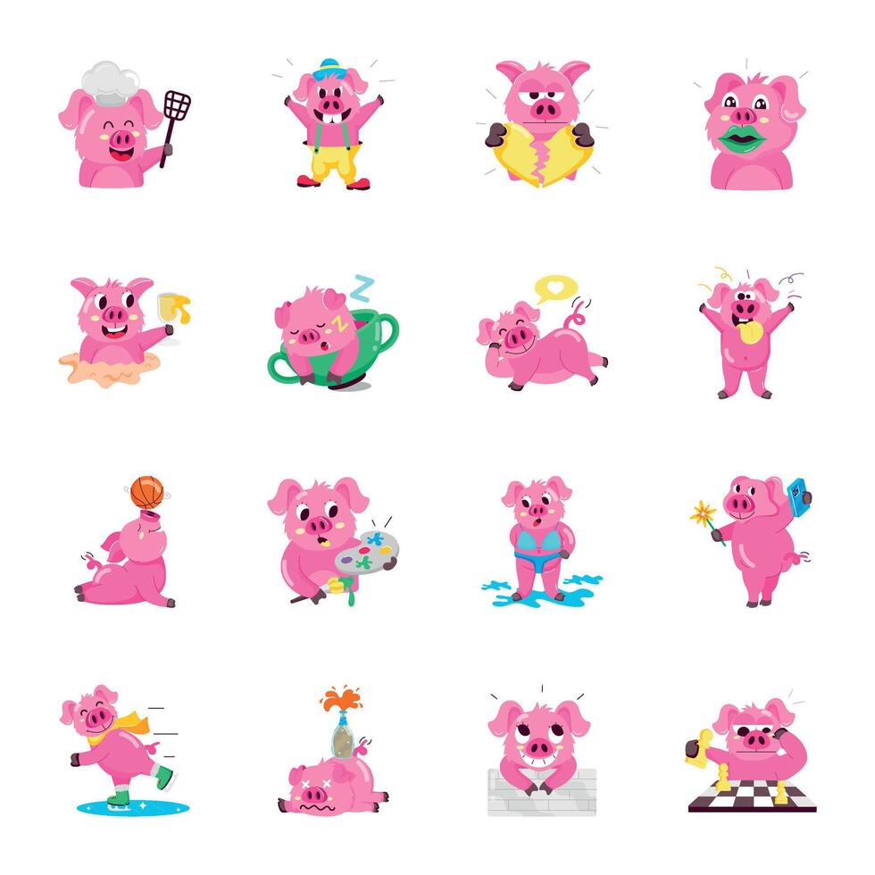 WebPack of 16 Cute Swine Flat Stickers vector