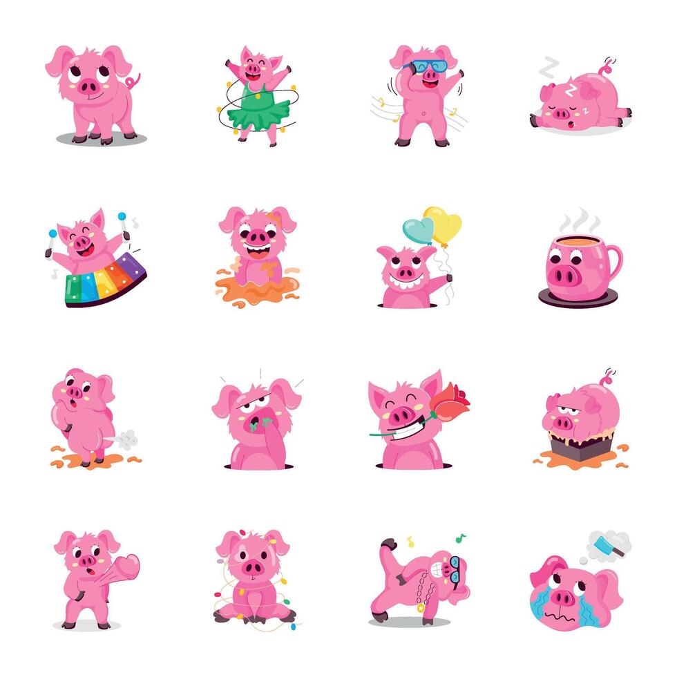 WebCollection of Cute Pig Flat Stickers vector