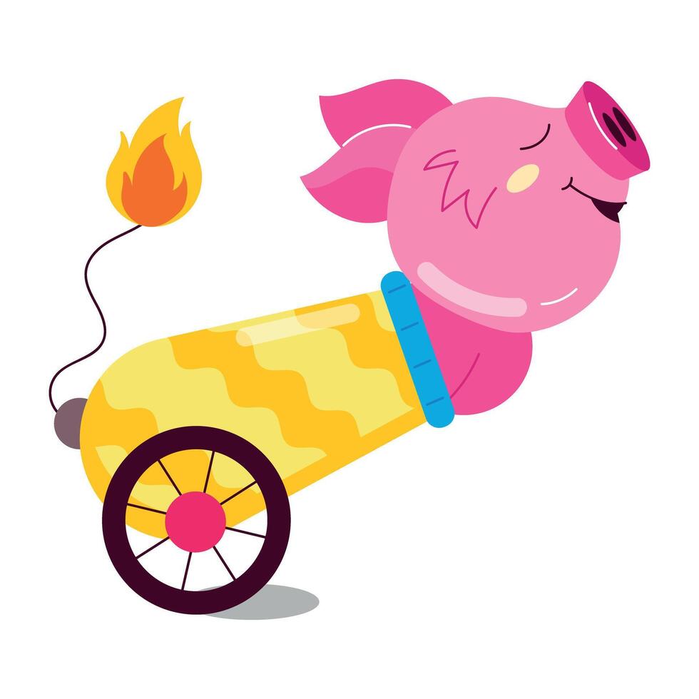 WebCircus pig in a cannon, flat style sticker vector