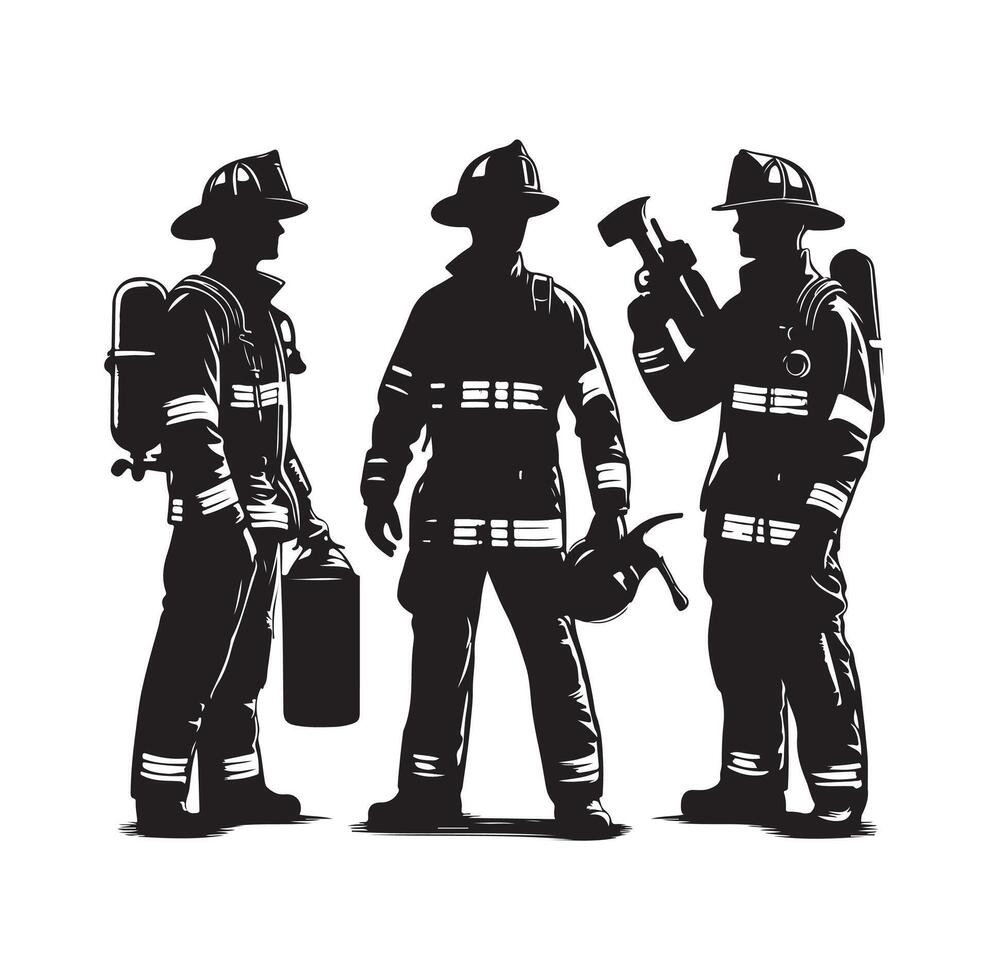 Firefighters group pose silhouette on isolated white background vector