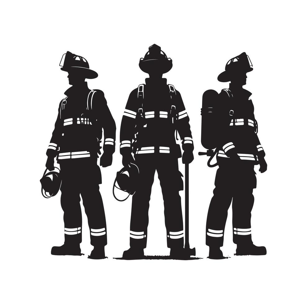 Firefighters group pose silhouette on isolated white background vector