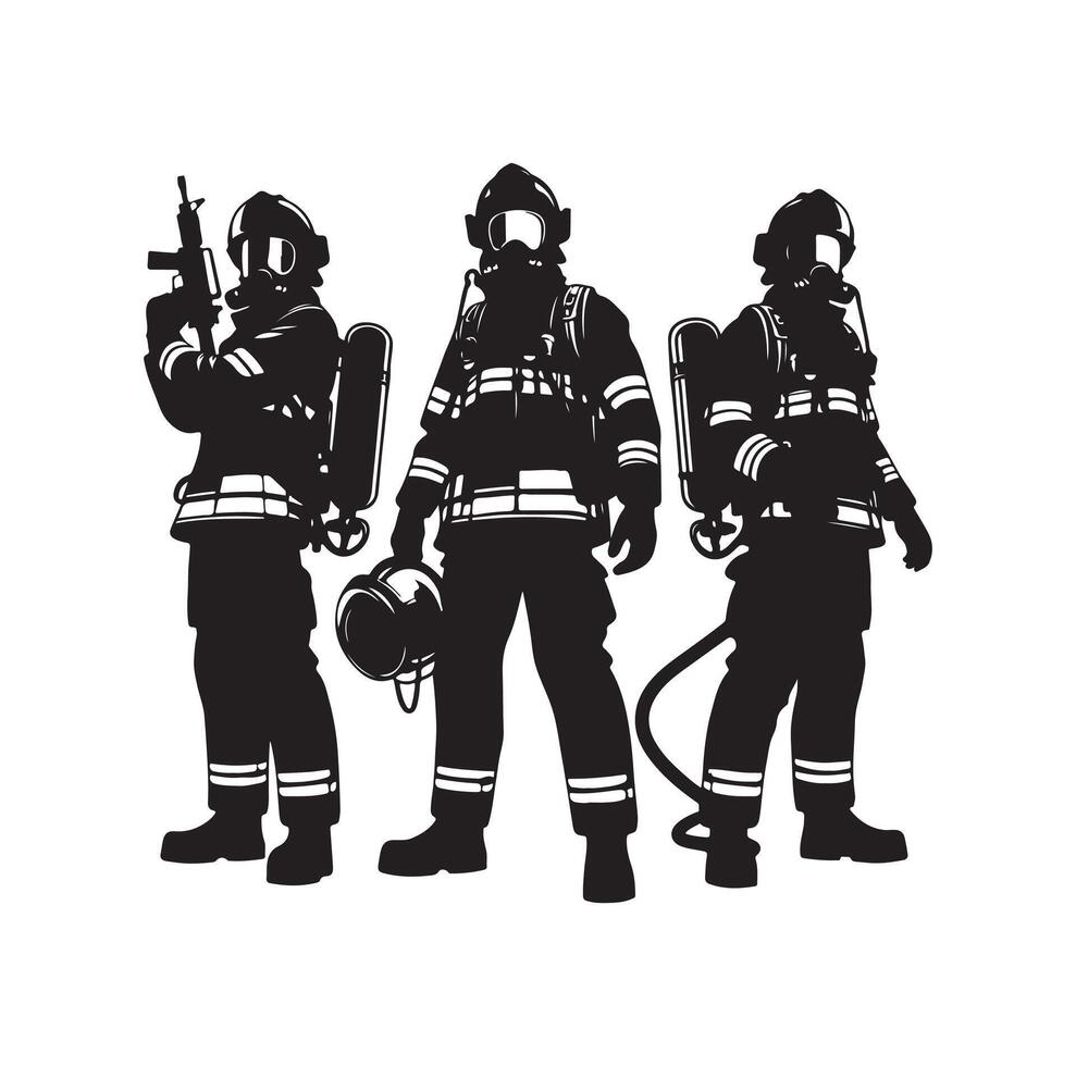 Firefighters group pose silhouette on isolated white background vector