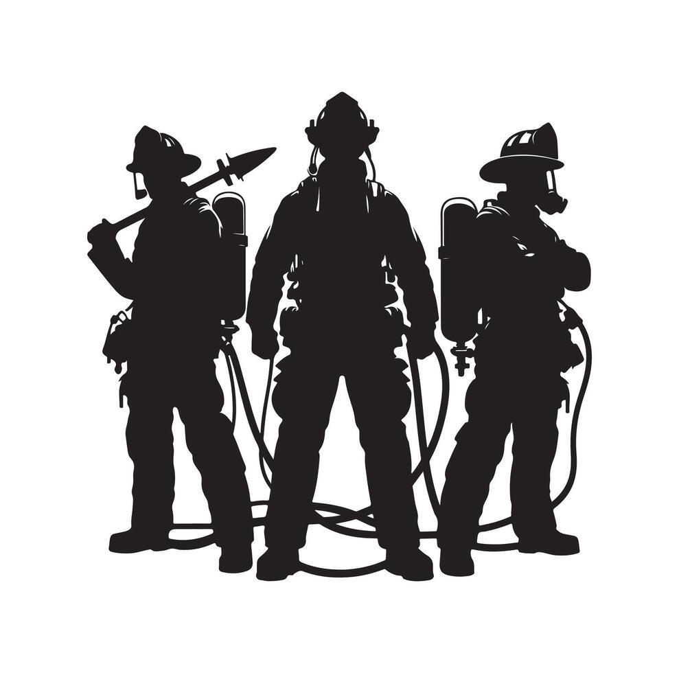 Firefighters group pose silhouette on isolated white background vector