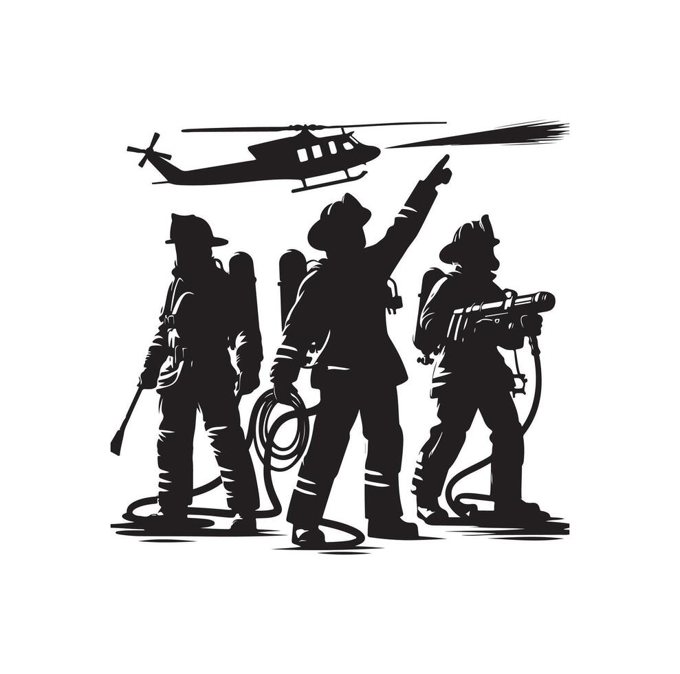 Firefighters group pose silhouette on isolated white background vector