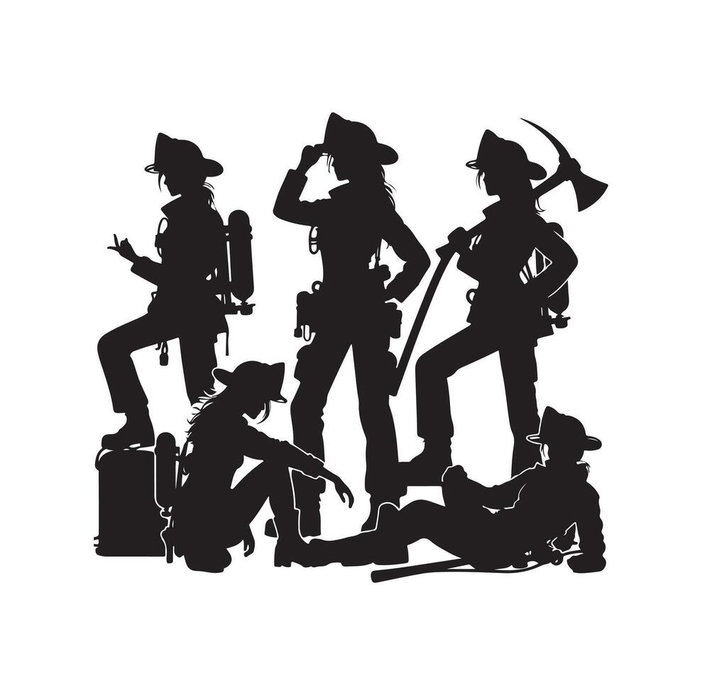 Firefighters group pose silhouette on isolated white background vector