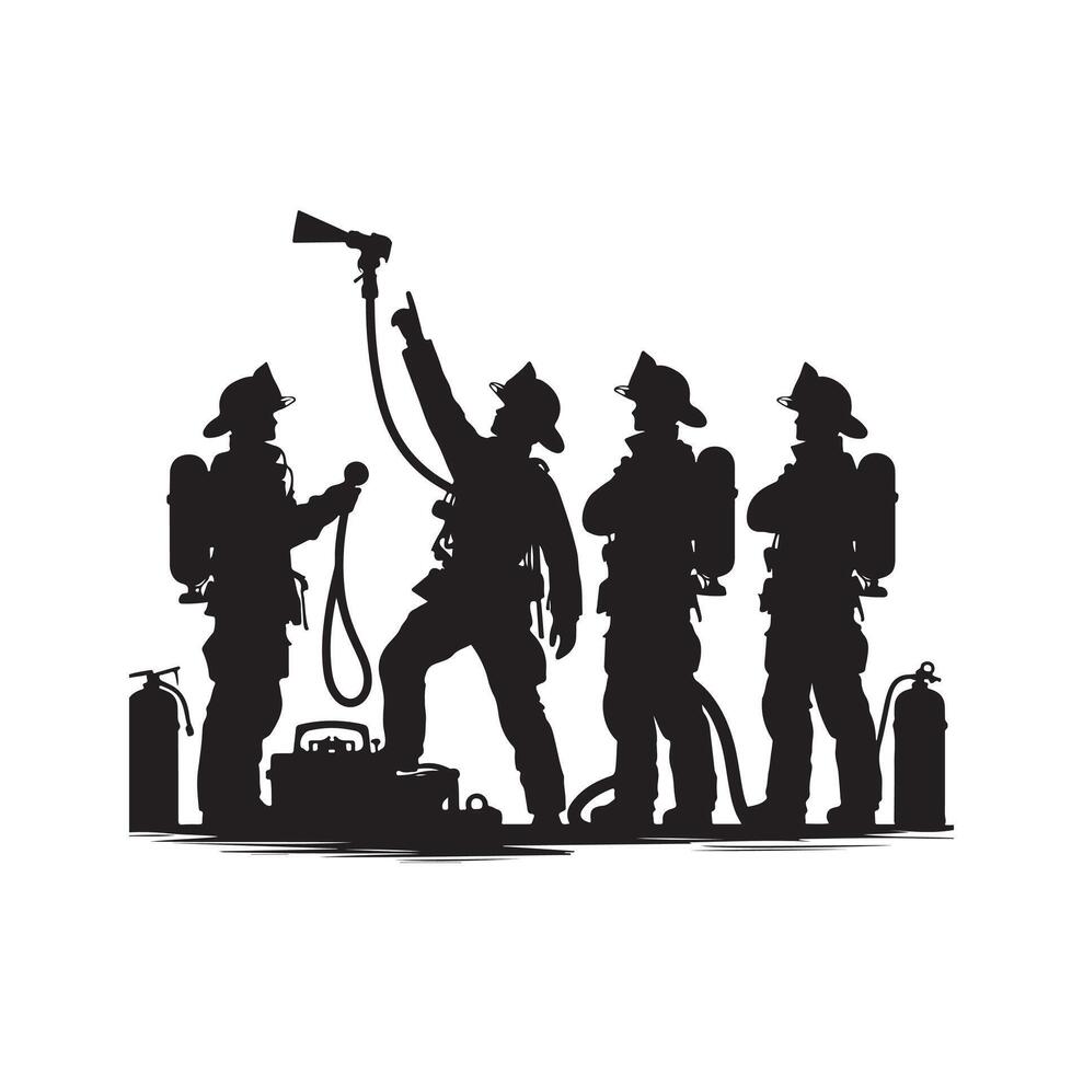 Firefighters group pose silhouette on isolated white background vector