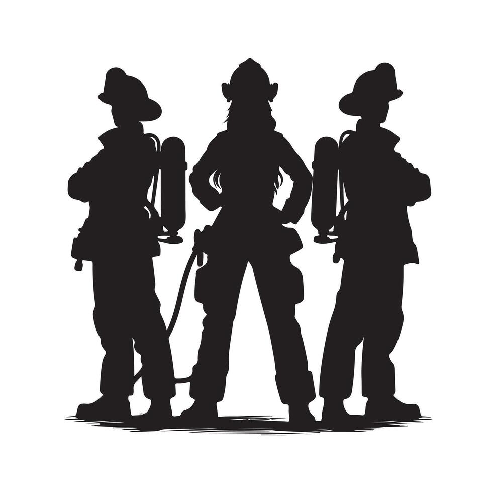 Firefighters group pose silhouette on isolated white background vector