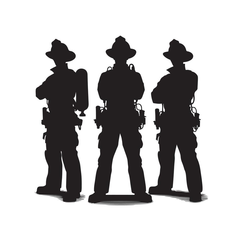 Firefighters group pose silhouette on isolated white background vector