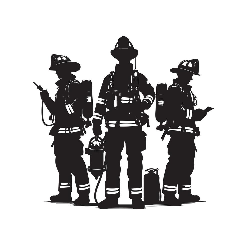 Firefighters group pose silhouette on isolated white background vector