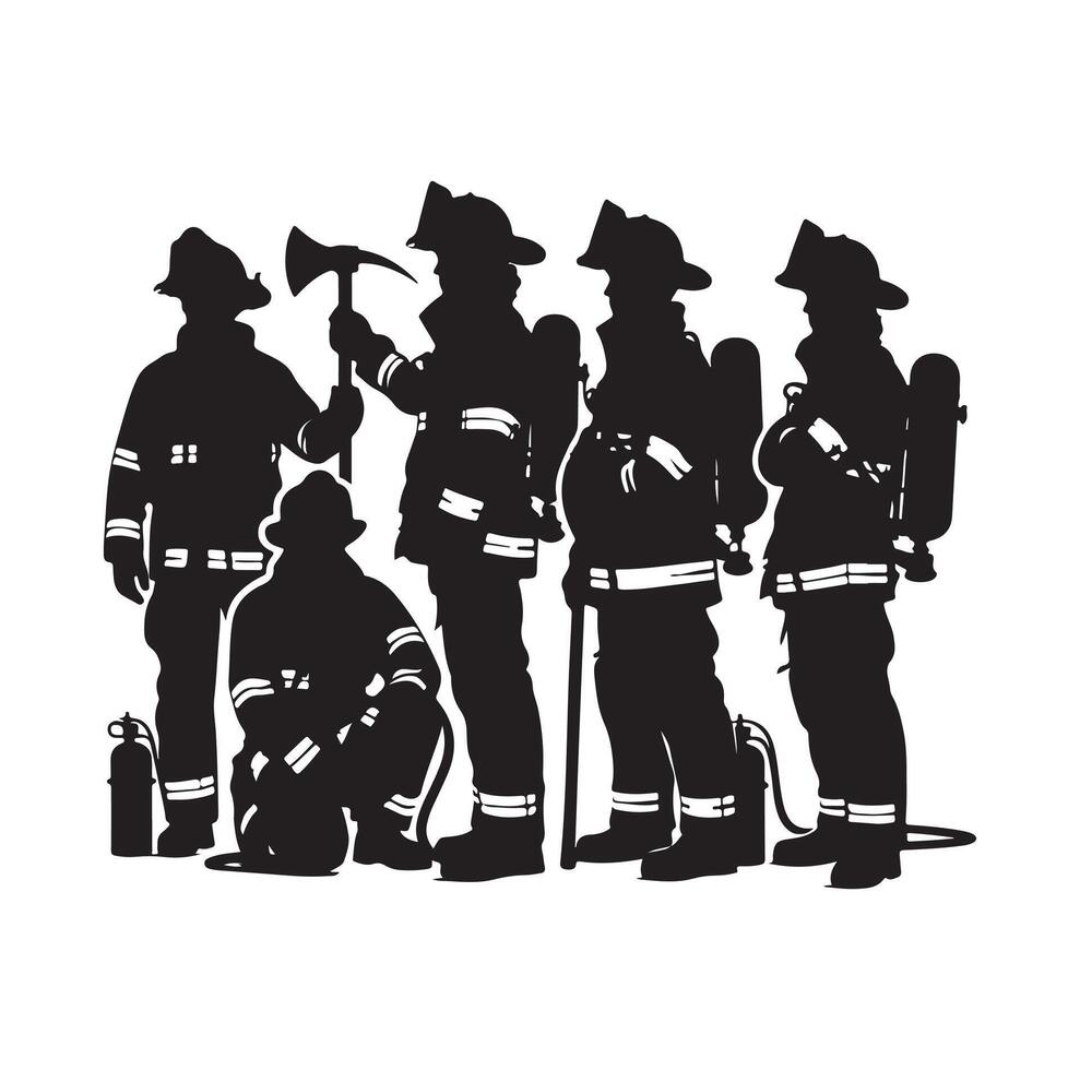 Firefighters group pose silhouette on isolated white background vector