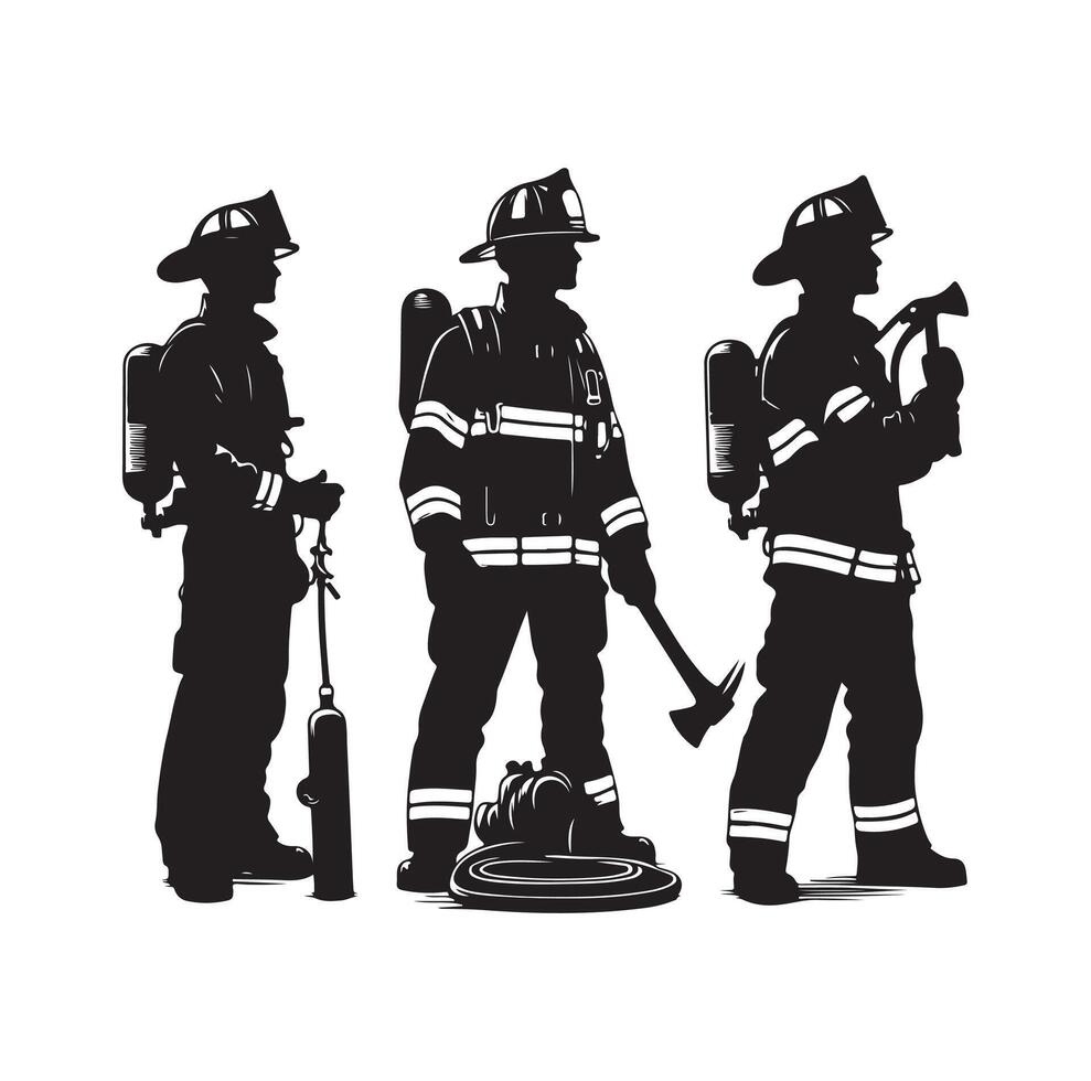Firefighters group pose silhouette on isolated white background vector