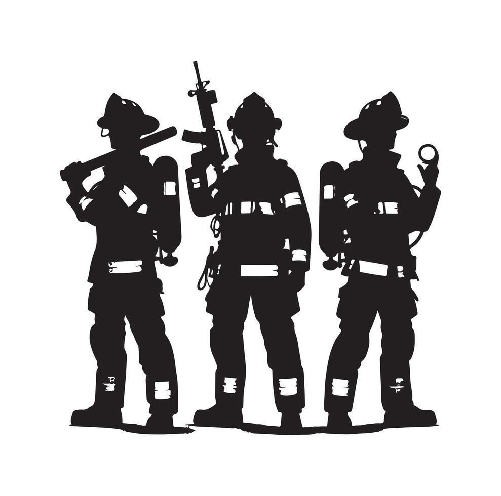 Firefighters group pose silhouette on isolated white background vector
