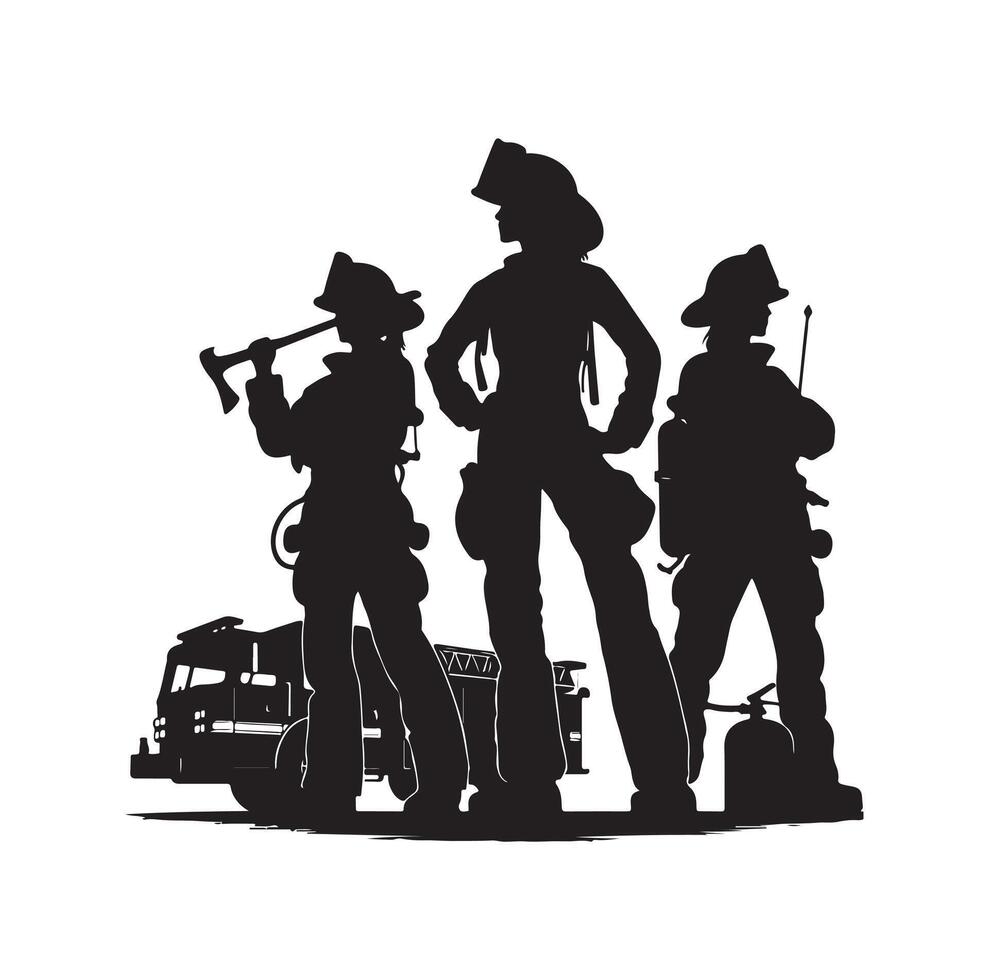 Firefighters group pose silhouette on isolated white background vector