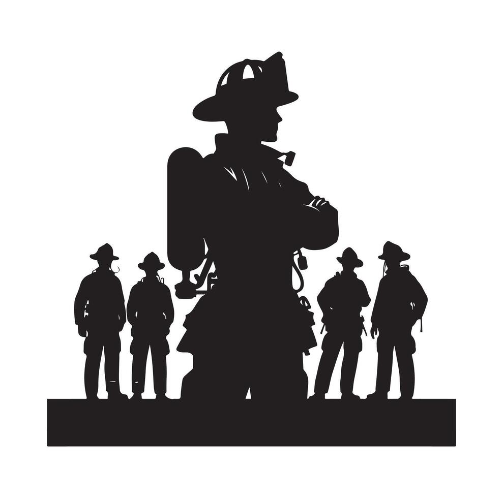 Firefighters group pose silhouette on isolated white background vector