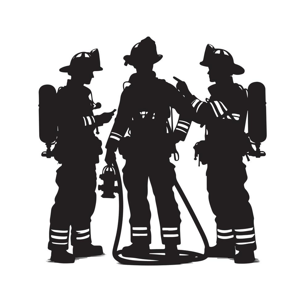 Firefighters group pose silhouette on isolated white background vector