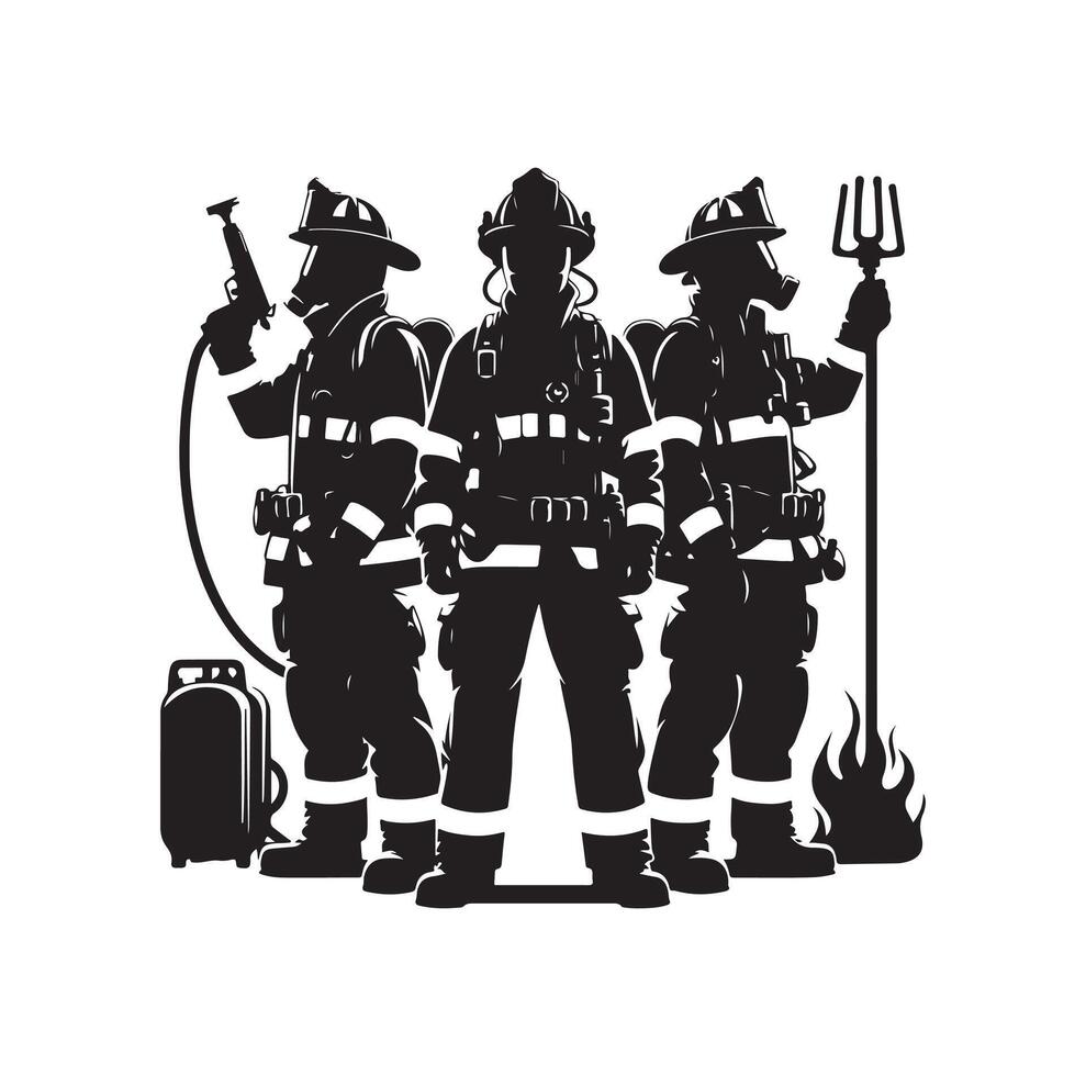 Firefighters group pose silhouette on isolated white background vector