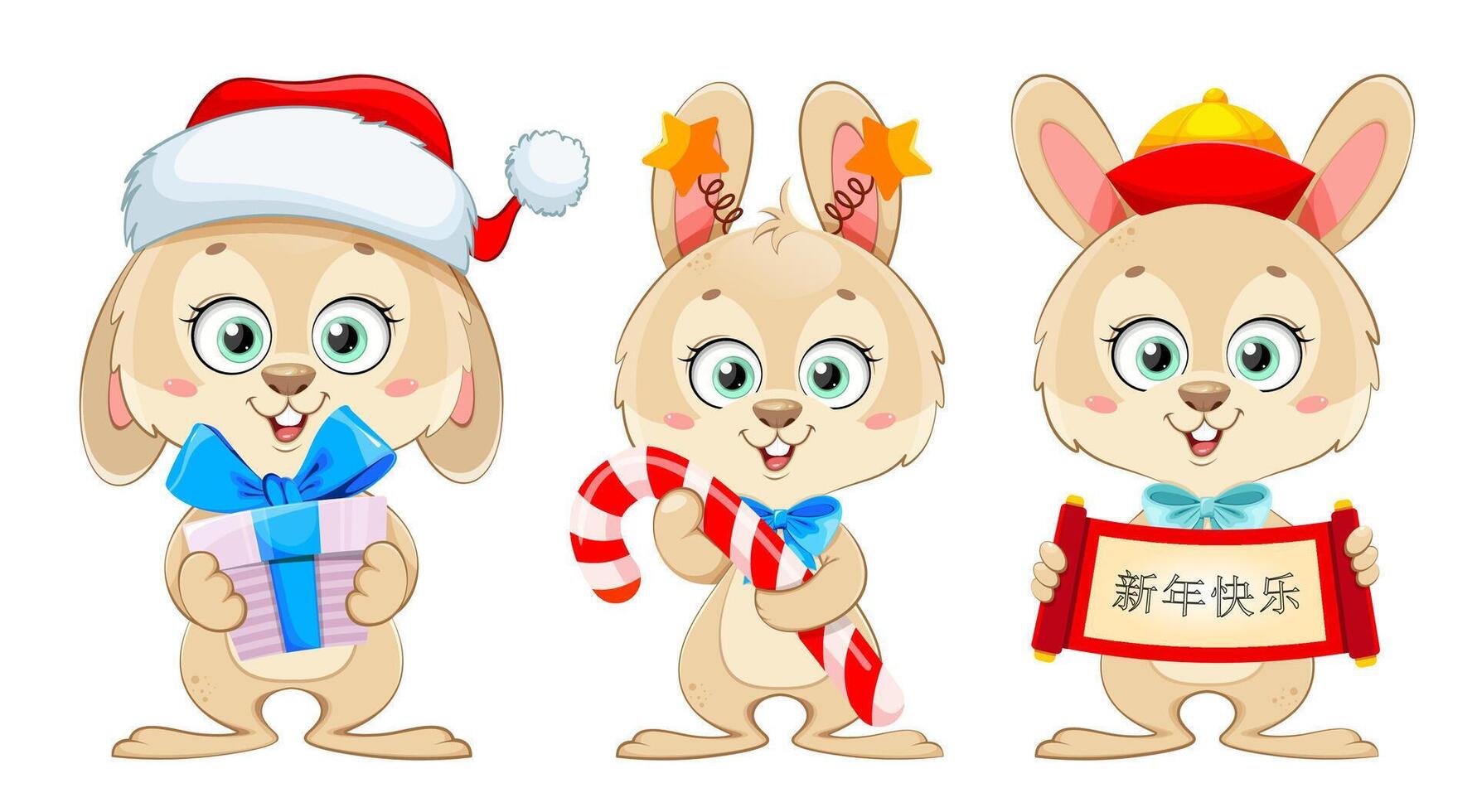 Cute cartoon character rabbit, set of three poses vector