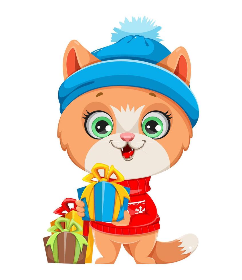 Cute kitten in warm clothes. Funny cat vector