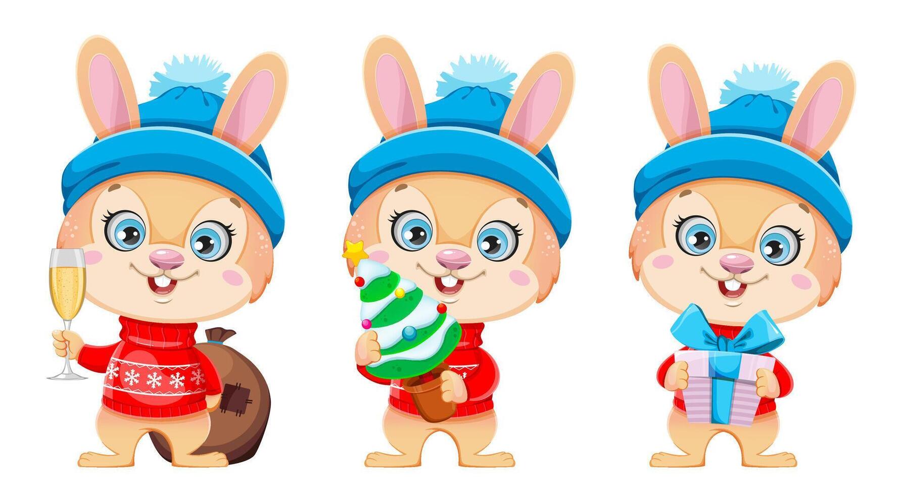 Cute cartoon character rabbit, set of three poses vector
