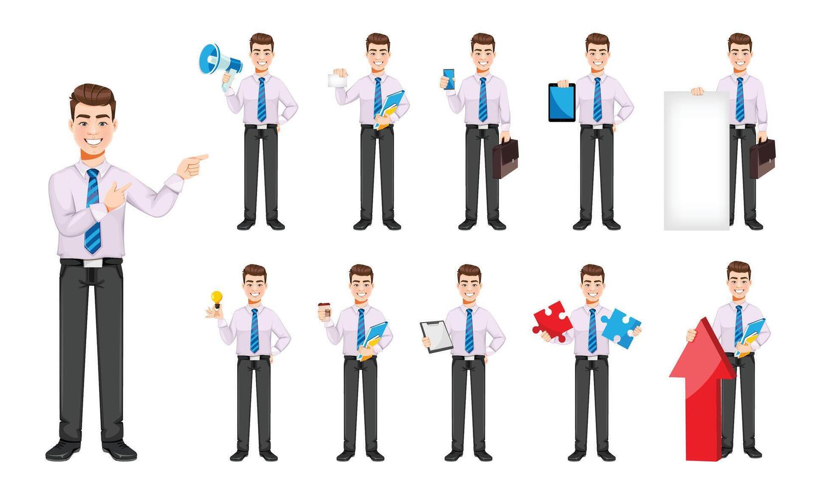 Handsome business man, set of eleven poses vector