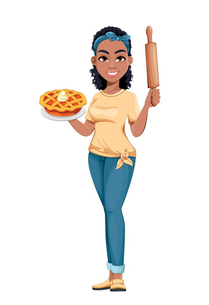 Pretty African American housewife holding pie vector