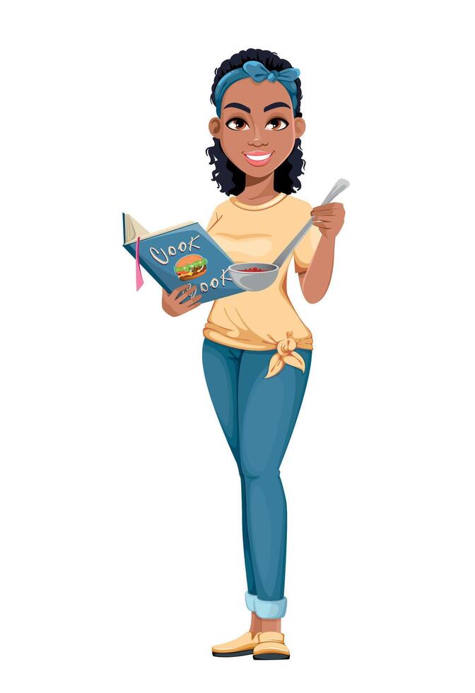 Pretty African American housewife cooking vector