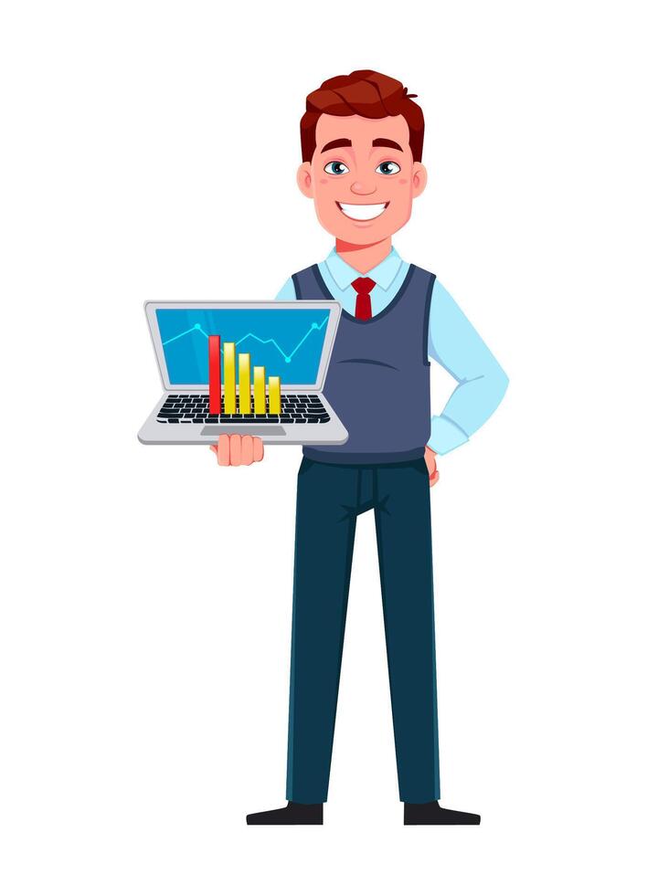 Handsome business man working on laptop vector