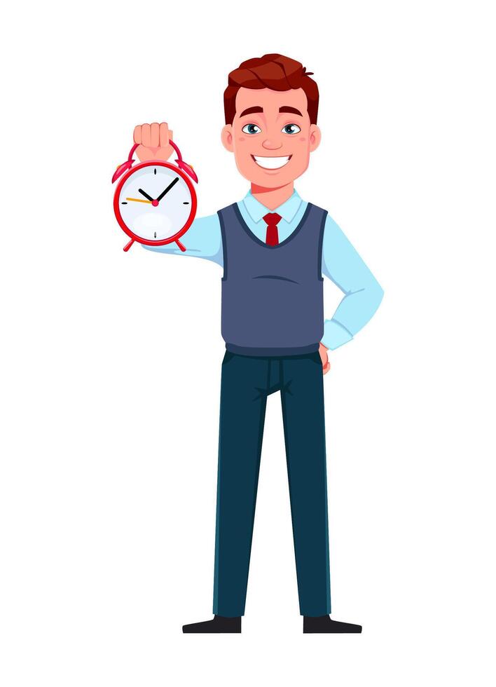 Handsome business man holding alarm clock vector