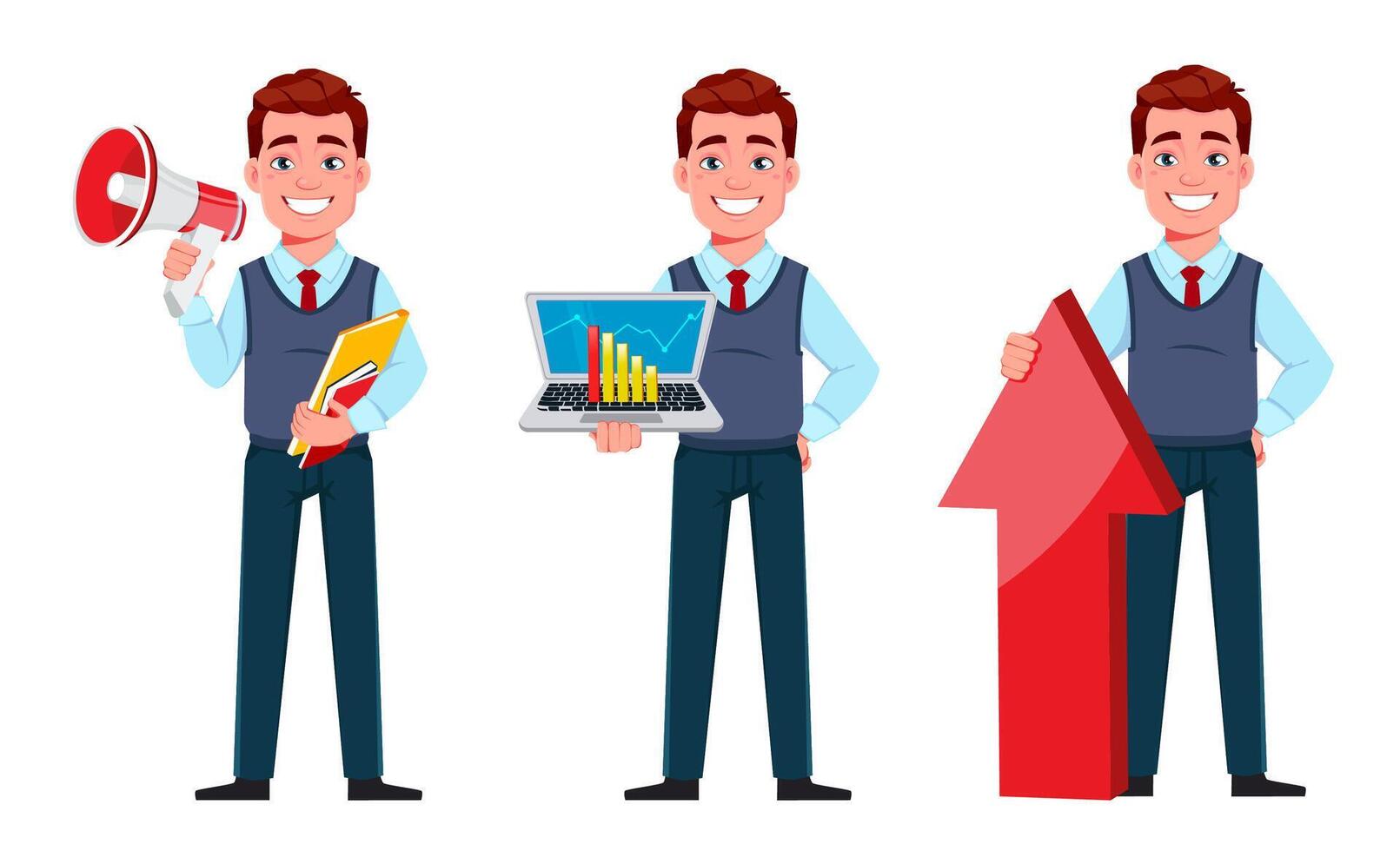 Handsome business man, set of three poses vector