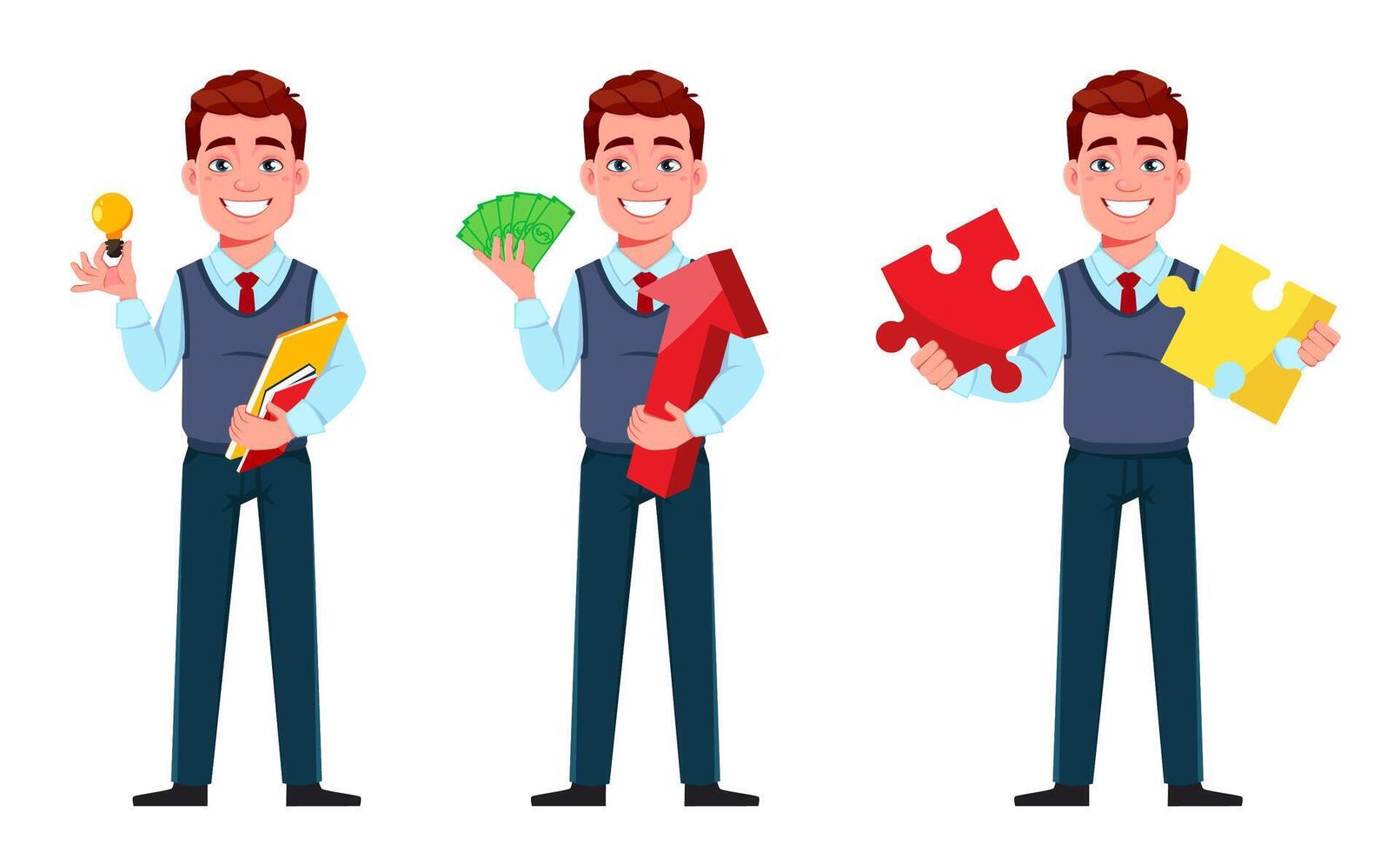 Handsome business man, set of three poses vector