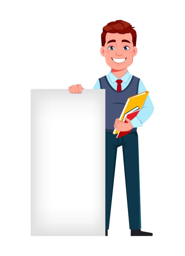 Handsome business man standing near banner vector