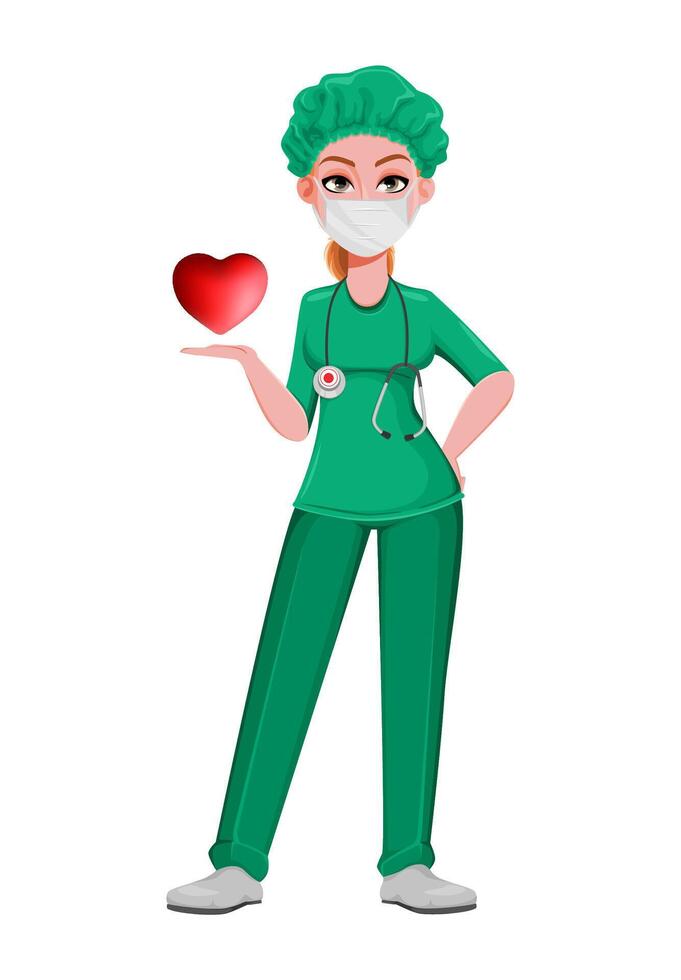 Beautiful woman doctor holding red heart vector