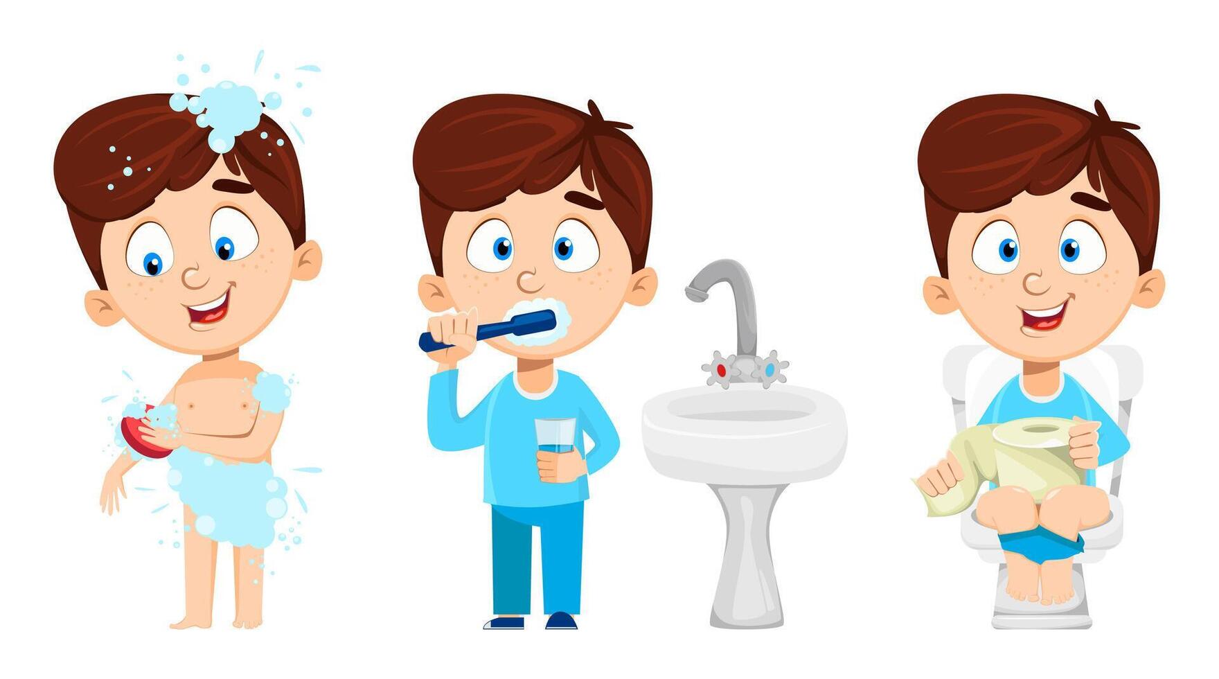 Boy in bathroom, set of three poses. Cute kid vector