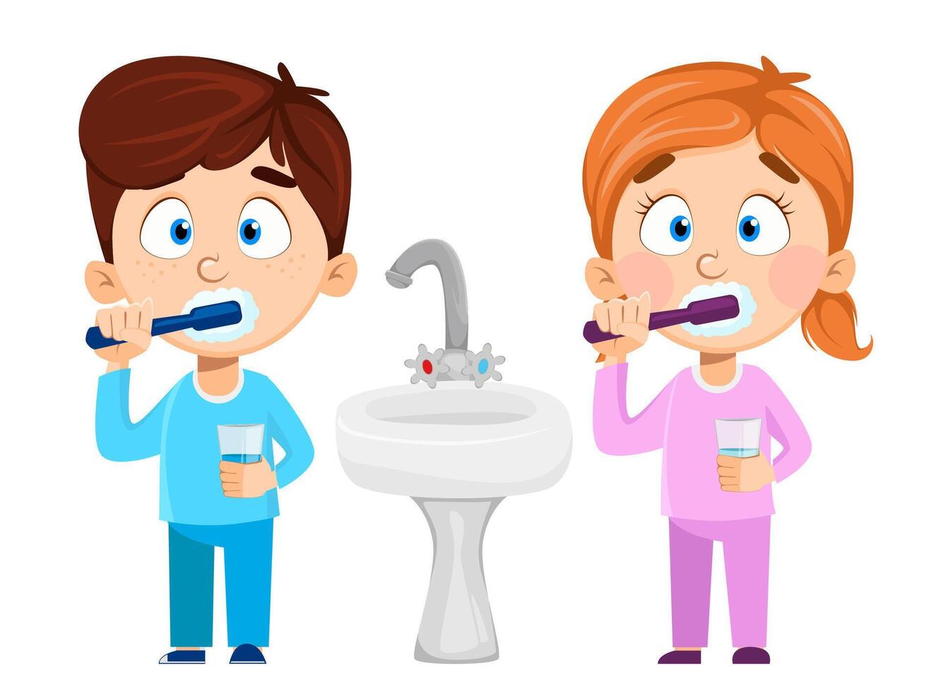 Cute little girl and boy brushing teeth vector