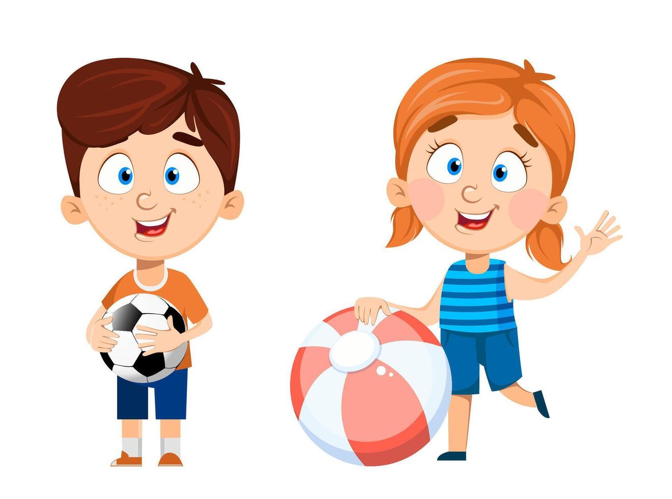 Boy and girl cartoon characters, set of two poses vector