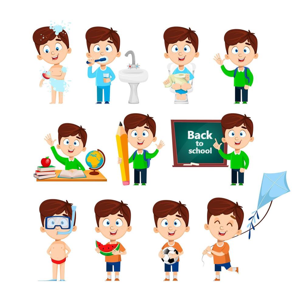 Cute boy, set of eleven poses vector