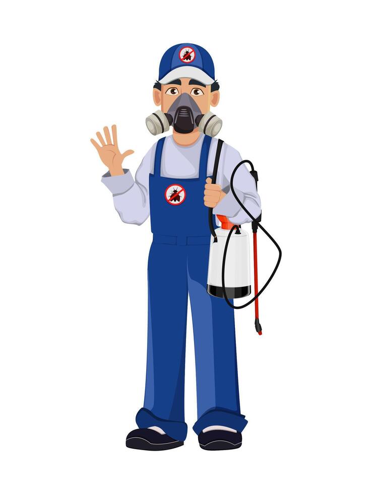 Pest control worker in protective workwear vector
